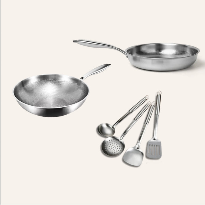 Essential Duo: 2 Pans + Utensils Set
